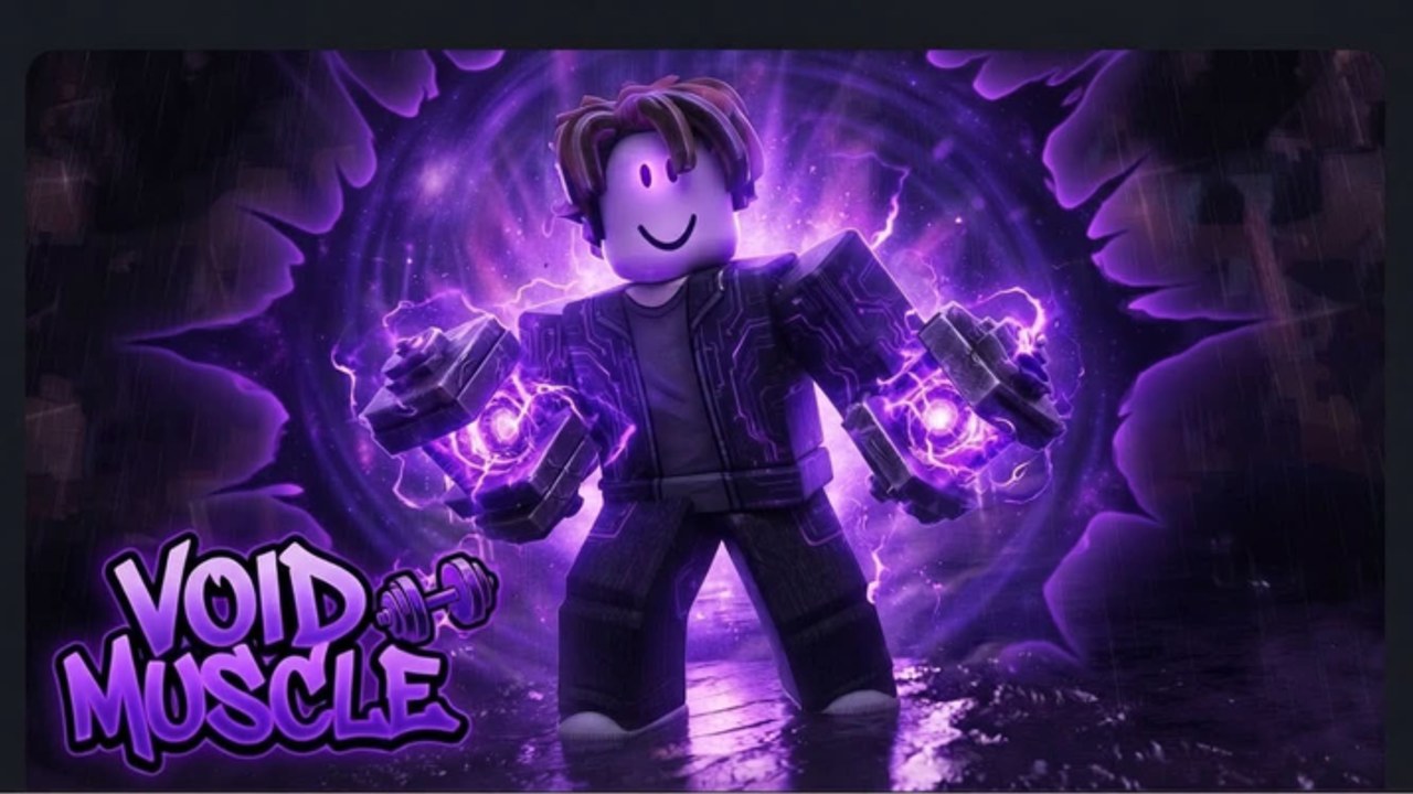 Void Muscle Roblox character lifting glowing purple void dumbbells in front of a void portal