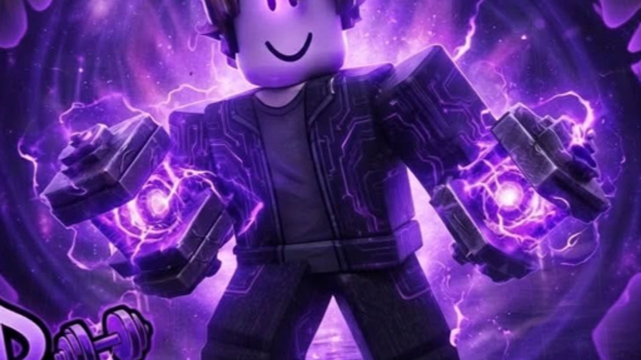 Close-up of the Void Muscle Roblox avatar with void-energy weights and circuit-pattern jacket