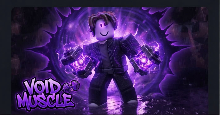Void Muscle Roblox key art: character lifting glowing void dumbbells